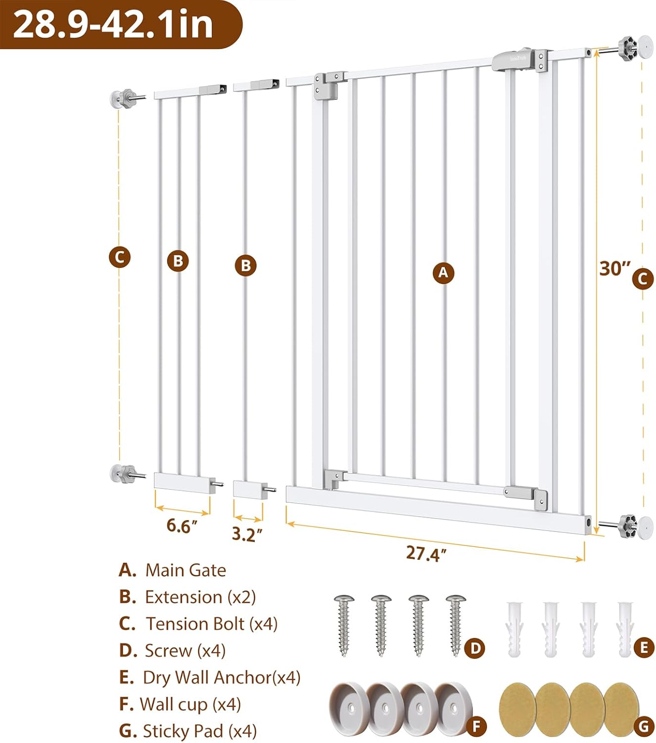 28.9-42.1" Wide Baby Gate for Stairs & Doorways, 30" Tall Pressure Mounted Dog Gates for Stairs Expandable One-Hand Open, Easy Step Walk through Dual Lock Metal Pet Gates for Dogs, White