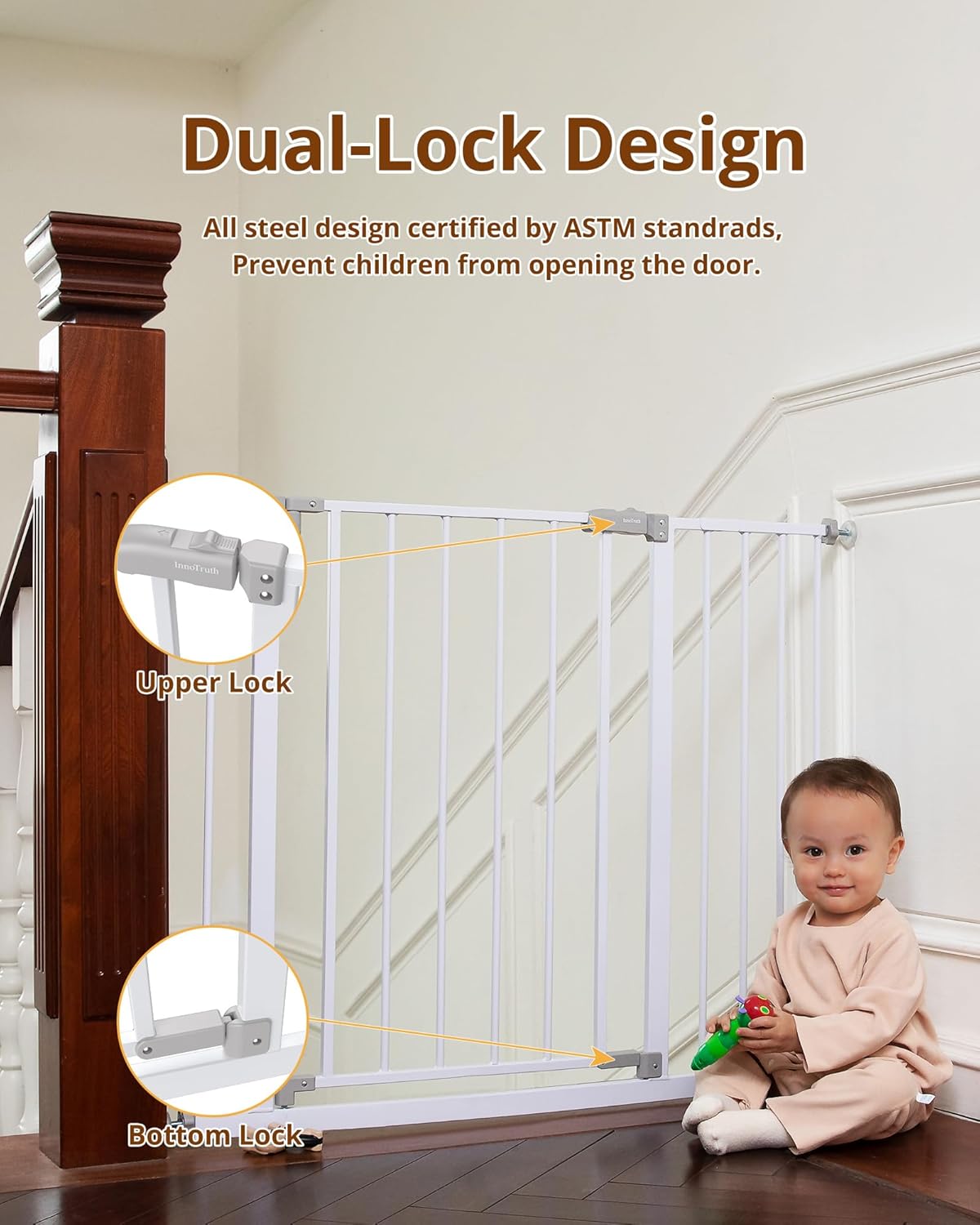 28.9-42.1" Wide Baby Gate for Stairs & Doorways, 30" Tall Pressure Mounted Dog Gates for Stairs Expandable One-Hand Open, Easy Step Walk through Dual Lock Metal Pet Gates for Dogs, White