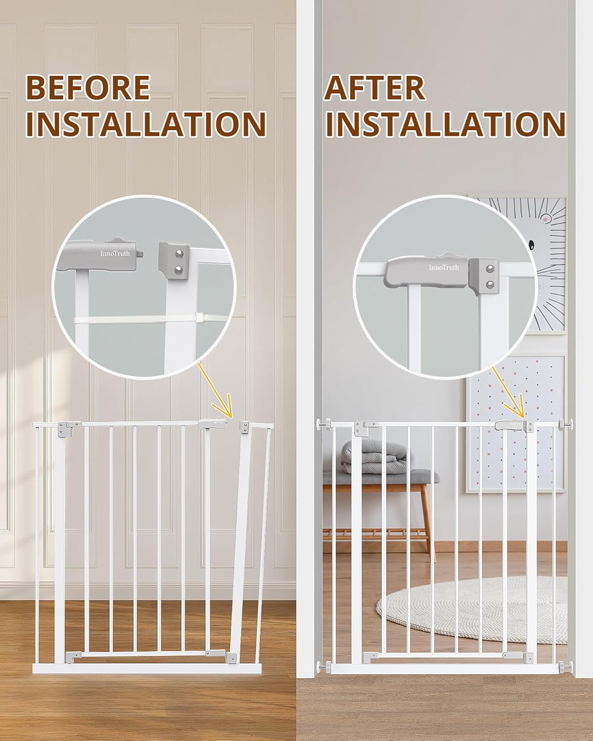 28.9-42.1" Wide Baby Gate for Stairs & Doorways, 30" Tall Pressure Mounted Dog Gates for Stairs Expandable One-Hand Open, Easy Step Walk through Dual Lock Metal Pet Gates for Dogs, White
