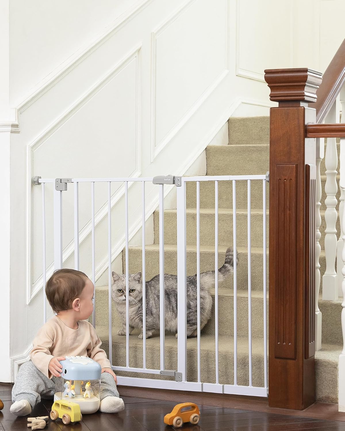 28.9-42.1" Wide Baby Gate for Stairs & Doorways, 30" Tall Pressure Mounted Dog Gates for Stairs Expandable One-Hand Open, Easy Step Walk through Dual Lock Metal Pet Gates for Dogs, White