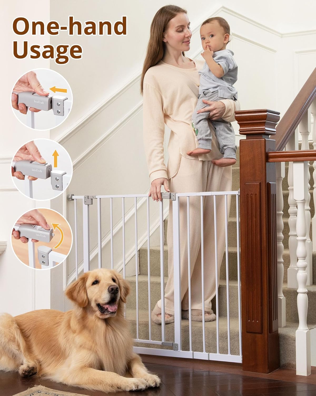 28.9-42.1" Wide Baby Gate for Stairs & Doorways, 30" Tall Pressure Mounted Dog Gates for Stairs Expandable One-Hand Open, Easy Step Walk through Dual Lock Metal Pet Gates for Dogs, White