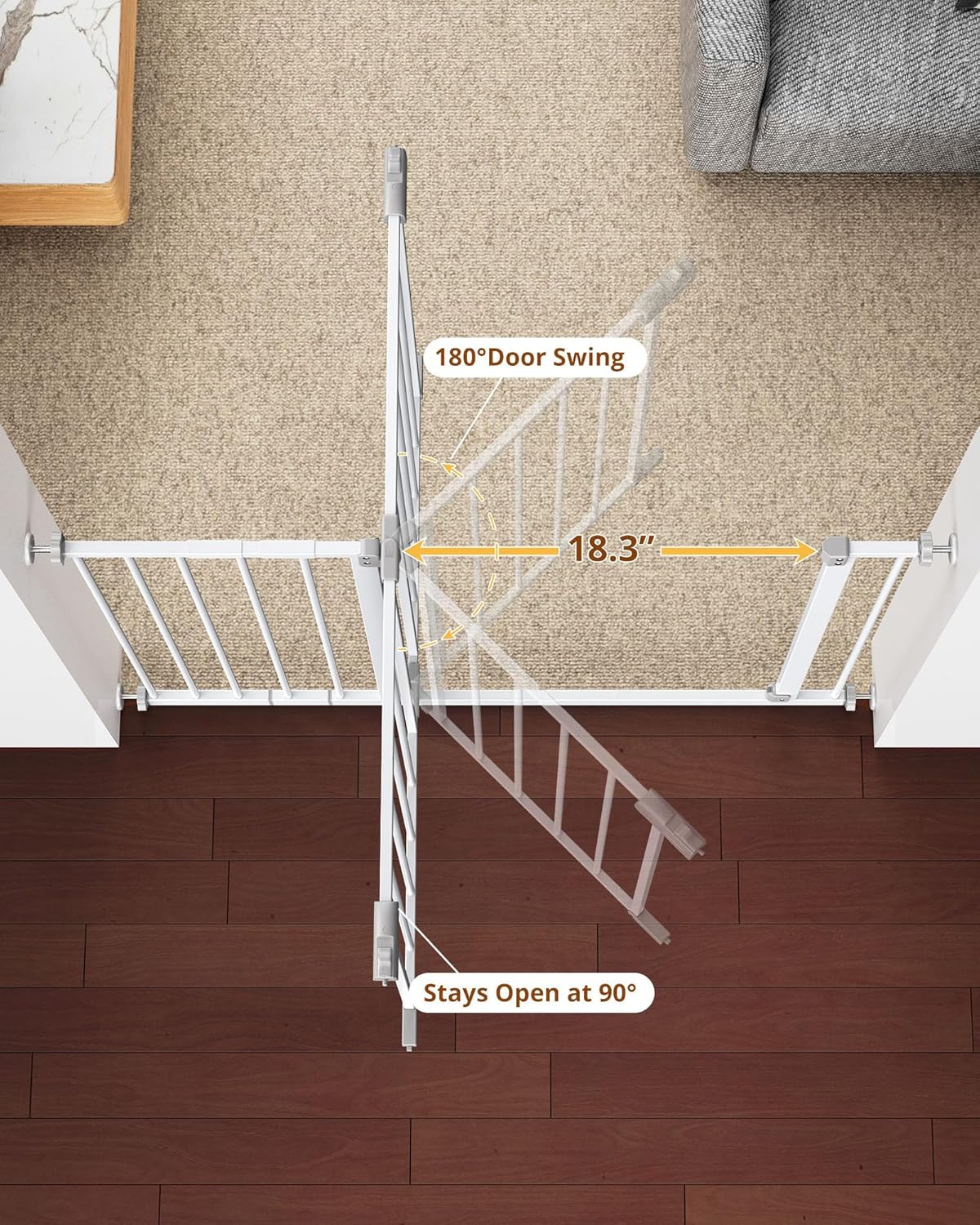 28.9-42.1" Wide Baby Gate for Stairs & Doorways, 30" Tall Pressure Mounted Dog Gates for Stairs Expandable One-Hand Open, Easy Step Walk through Dual Lock Metal Pet Gates for Dogs, White