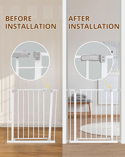 28.9-42.1" Wide Baby Gate for Stairs & Doorways, 30" Tall Pressure Mounted Dog Gates for Stairs Expandable One-Hand Open, Easy Step Walk through Dual Lock Metal Pet Gates for Dogs, White