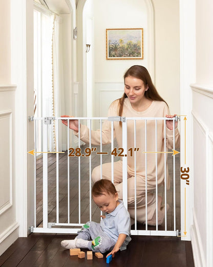 28.9-42.1" Wide Baby Gate for Stairs & Doorways, 30" Tall Pressure Mounted Dog Gates for Stairs Expandable One-Hand Open, Easy Step Walk through Dual Lock Metal Pet Gates for Dogs, White