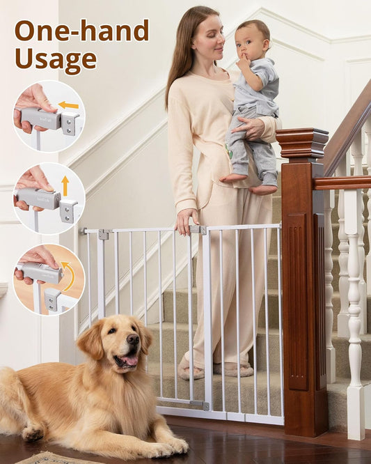 28.9-42.1" Wide Baby Gate for Stairs & Doorways, 30" Tall Pressure Mounted Dog Gates for Stairs Expandable One-Hand Open, Easy Step Walk through Dual Lock Metal Pet Gates for Dogs, White